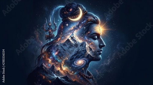 Portrait of shiva lord with cosmic galaxy and mountain elements