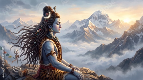 Shiva lord meditating on the snowy himalayan mountain peaks