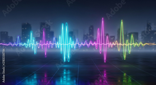 Vibrant neon audio frequency waveforms pulsate across a futuristic urban skyline during a dark night, creating an energetic multimedia experience within a sprawling metropolis environment