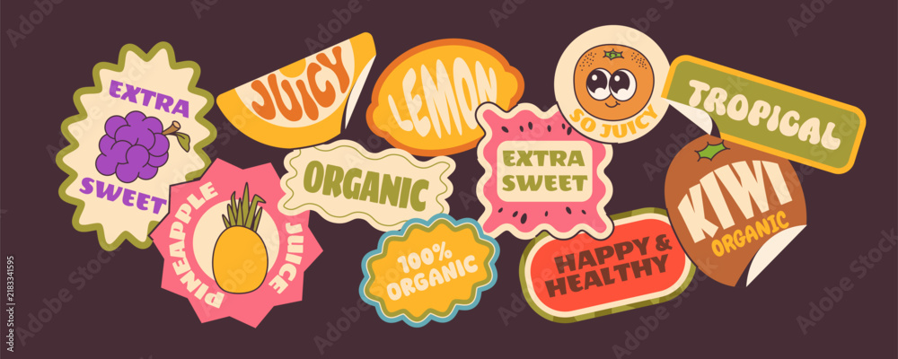 Obraz premium Groovy fruit labels and stickers in retro cartoon style. Vintage vector collection of lemon, orange and kiwi characters with funny faces. Fresh summer design elements for trendy y2k badges.
