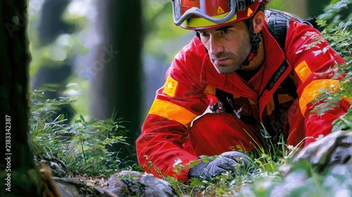 A focused rescue worker in red and yellow gear searches through a lush green forest environment