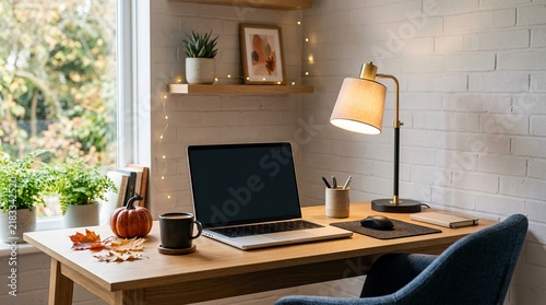 Cozy home office workspace with laptop, warm lamp light and autumn decorations on wooden desk