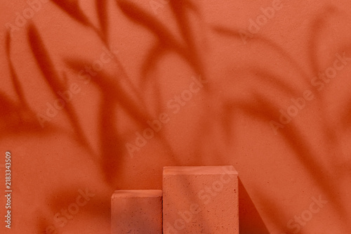 Product Presentation Scene made with Two Terracotta Cube Podiums with Dramatic Branch Shadow on Terracotta Monochrome Background