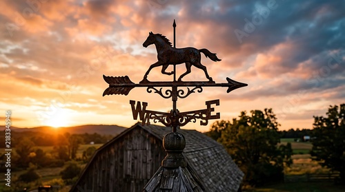 Horse weather vane silhouette on a barn roof at sunset