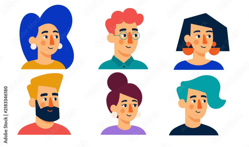 Fototapeta premium avatar Mobile Six Colorful People Avatar Portraits in Flat Vector Style on White Background