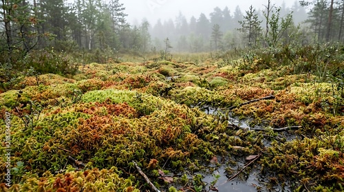 Moss covers a misty swamp floor in a pine forest