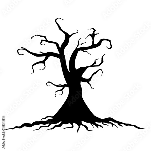 Black silhouette of dead spooky tree on white background