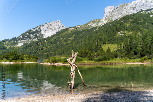 Bild auf Leinwand Steirersee lake near Tauplitz in Styria, Austria, viewed from the water level with the surrounding Austrian Alps rising in the background