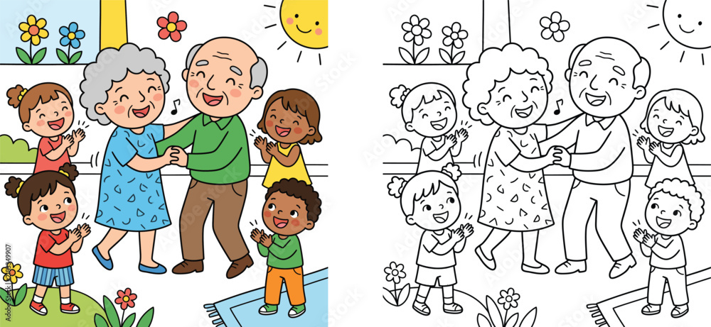 Fototapeta premium Happy Grandparents Dancing with Diverse Children Vector Illustration and Coloring Page, Elderly Couple Celebrating with Kids, Joyful Family Fun Activity in Garden Outdoor Scene