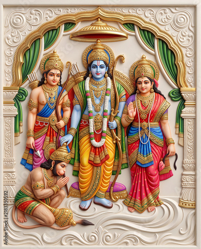 Ultra-detailed white marble 3D sculpture of Lord Rama, Sita, Lakshmana, and Hanuman