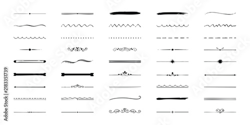 Set of black hand drawn text dividers and decorative border lines for page decoration and graphic design