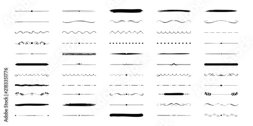 Set of decorative text dividers and horizontal lines for page design and typography in black ink style