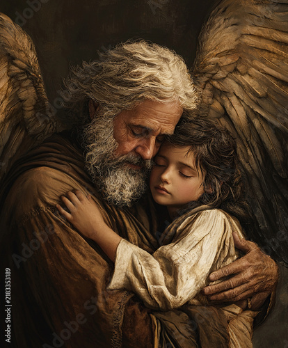 Angel Father Embracing His Son Before Ascending to Heaven. Ai Generative