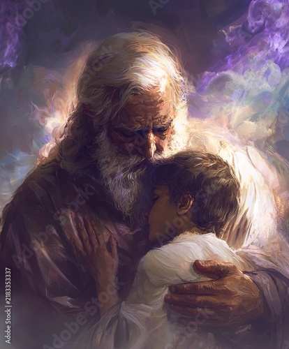 Angel Father Embracing His Son Before Ascending to Heaven. Ai Generative