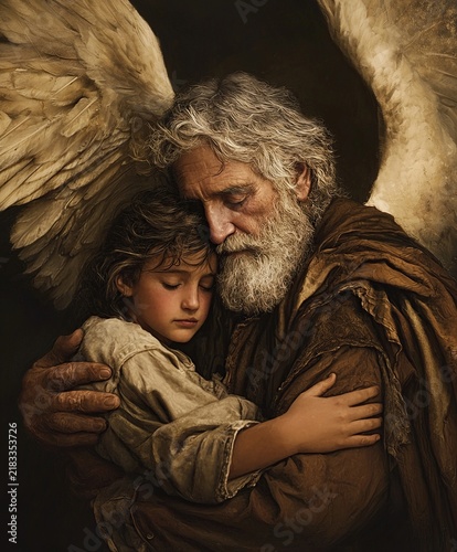 Angel Father Embracing His Son Before Ascending to Heaven. Ai Generative
