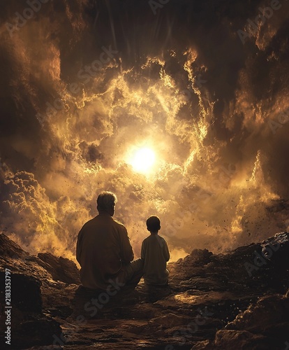 Angel Father Embracing His Son Before Ascending to Heaven. Ai Generative
