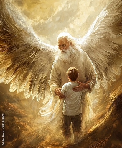 Angel Father Embracing His Son Before Ascending to Heaven. Ai Generative