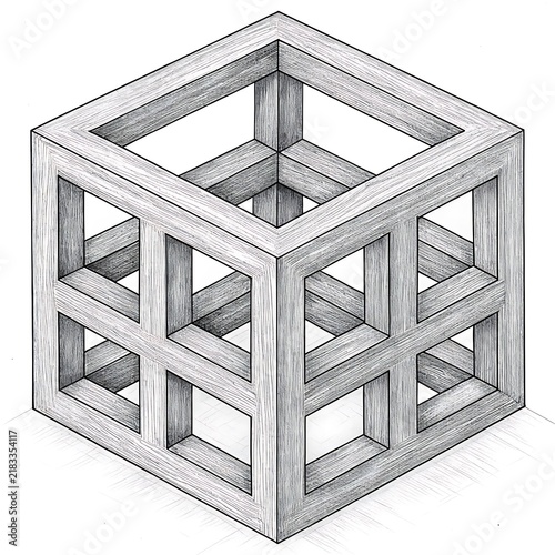 Plakat 3D impossible wooden cube optical illusion structure