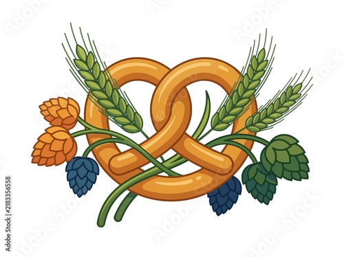 Traditional baked pretzel snack with green wheat stalks and hop cones