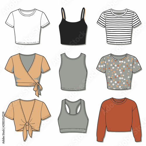 Nine casual cropped tops in varied styles