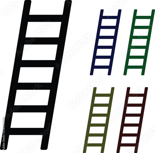 Set of five wooden ladders in different colors standing upright