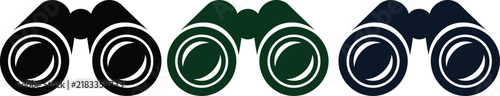 Three black binoculars icons with green lenses side by side