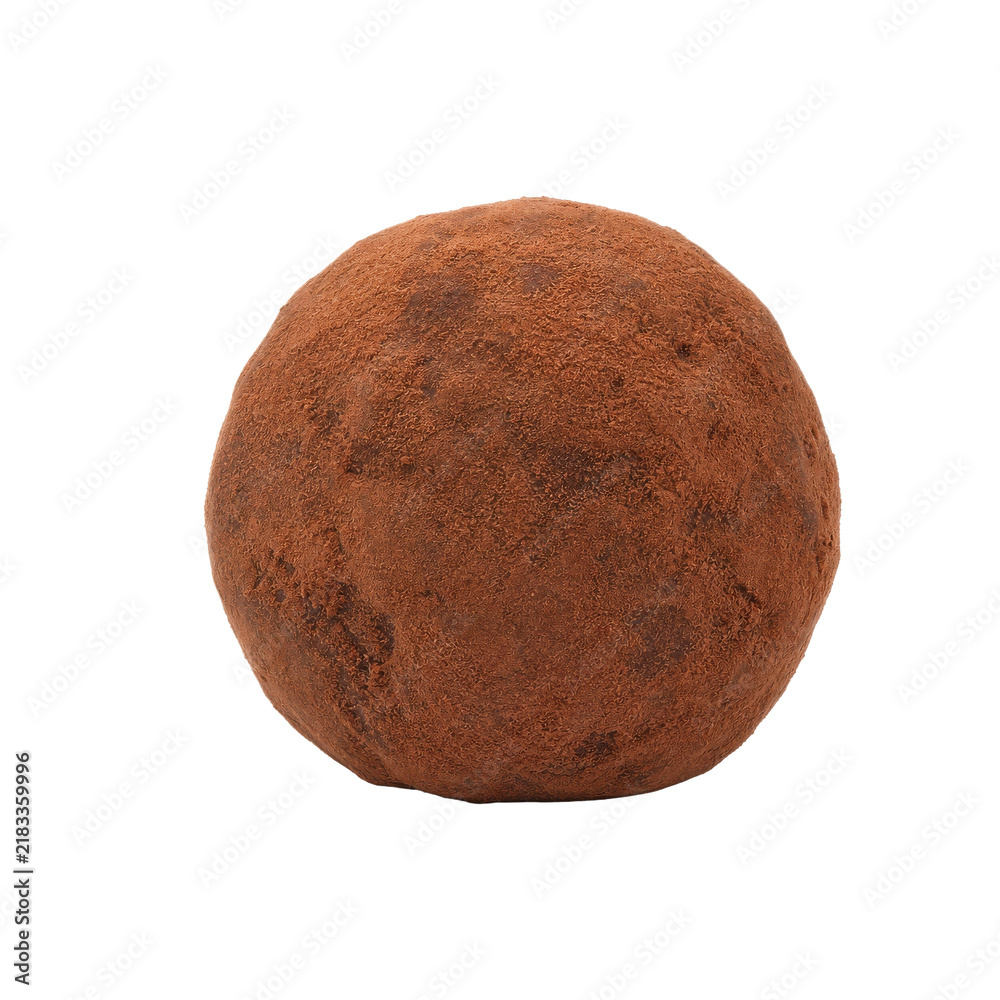 Fototapeta premium Single delicious round chocolate truffle dusted with cocoa powder, isolated on a clean white background, captured with soft studio lighting
