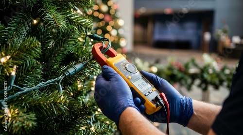 Electrician inspecting Christmas tree lights with a clamp meter for fire safety compliance.