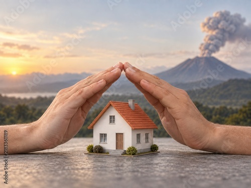 Hands Protecting a Model House from Distant Volcanic Ash Threat