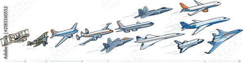 Airplane evolution showing different historical aircraft flying forward across a white background