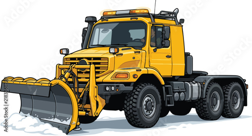 Yellow snow plow truck clearing snow on white ground