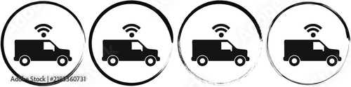 Four circular featuring a black silhouette of a delivery van with a wireless internet signal symbol on