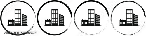 Four circular featuring a black silhouette of a group of office buildings or skyscrapers, isolated on a white background