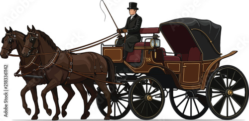 Vintage horse drawn carriage driven by a coachman on white background