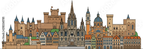 European medieval city skyline with castle cathedral and historic buildings standing on white background
