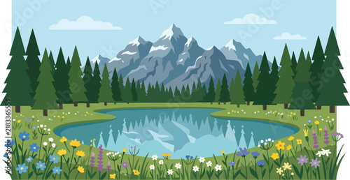 Beautiful mountain landscape with serene lake surrounded by pine forest and colorful blooming wildflowers