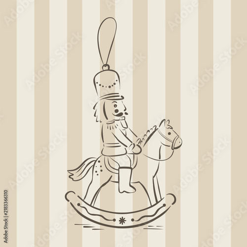 Vintage Christmas vector of a Nutcracker riding a rocking horse, hand-drawn engraving style. Perfect for cards, packaging, posters, stickers, textiles and holiday designs