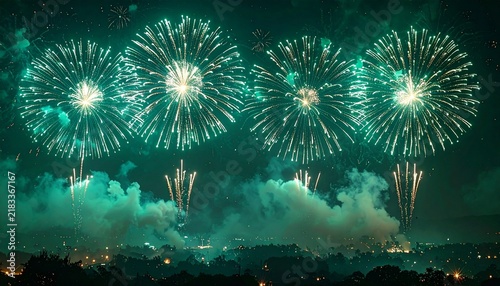 Emerald Green Fireworks Bursting over a Dark Teal Night Sky with Luminous Sparks