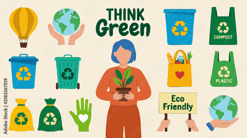 Fototapeta premium Think Green, Recycling, and Eco-Friendly Lifestyle Illustrations