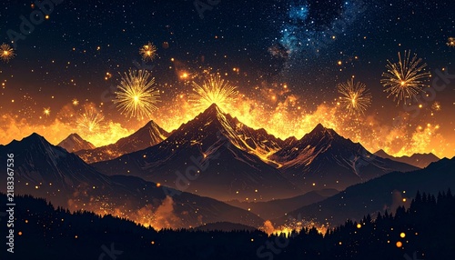 Golden Fireworks over a Dark Mountain Ridge Silhouette under a Starry Night Sky