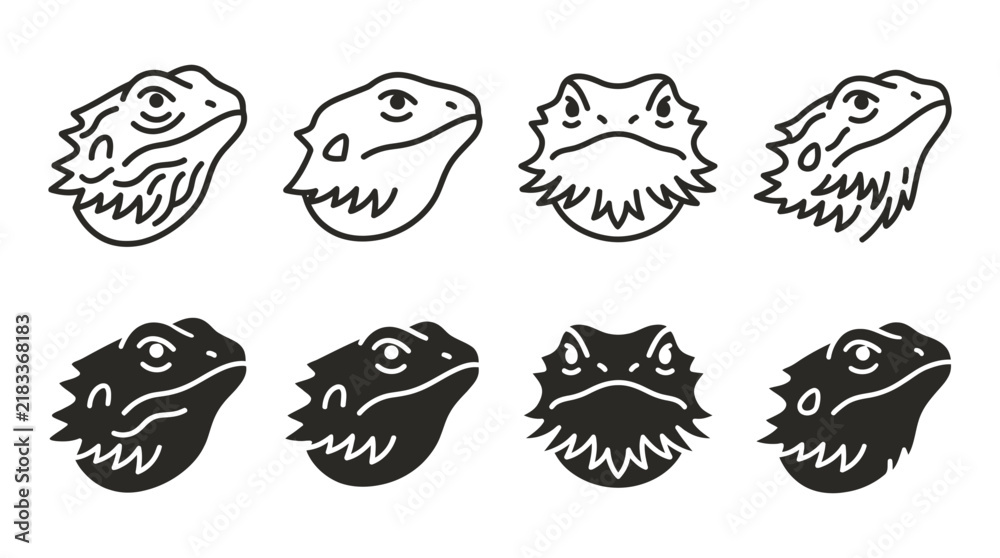 Fototapeta premium Bearded dragon head line art icon set in black and white vector design with wildlife silhouette collection minimalist