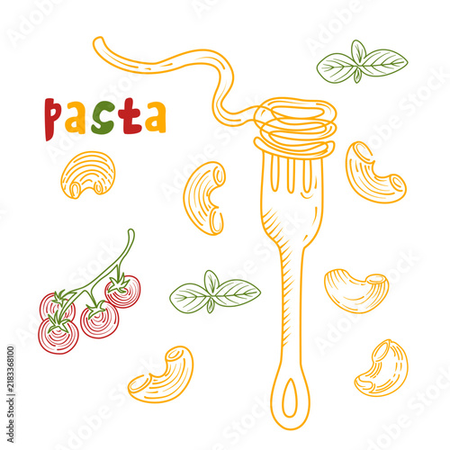 Doodle illustration of pasta—noodles and macaroni on a plate.