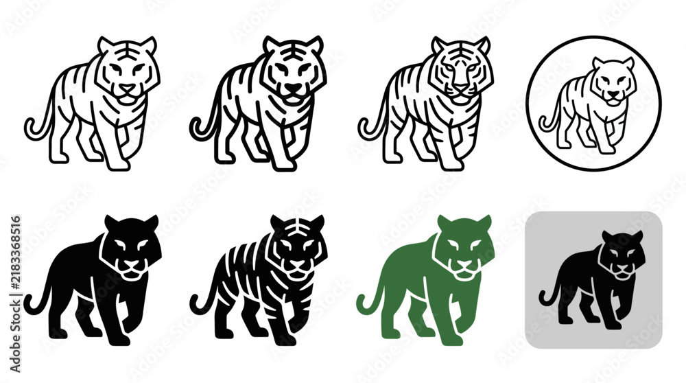 Obraz premium Walking tiger vector logo and icon collection in black white and color options with wildlife predator collection