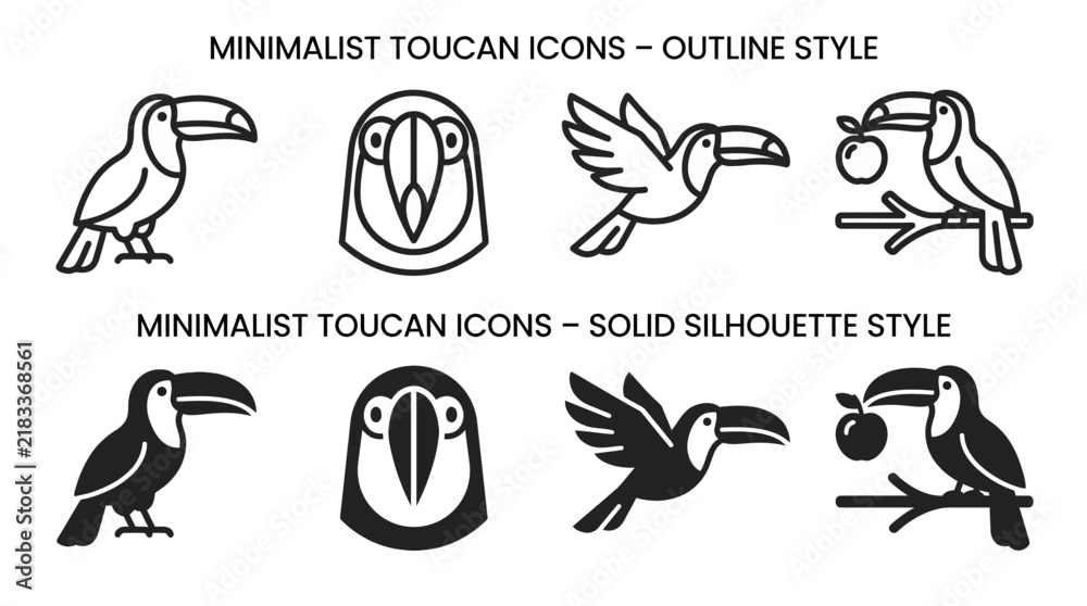 Fototapeta premium Minimalist toucan icons collection featuring outline and solid silhouette styles collection silhouette minimalist