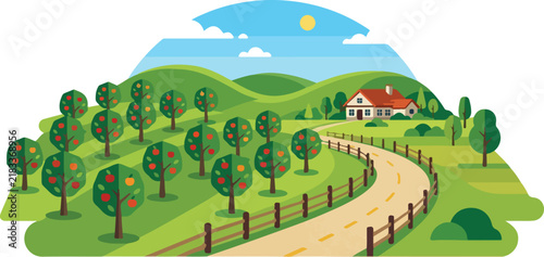 Rural landscape with apple orchard farm house and curving dirt road