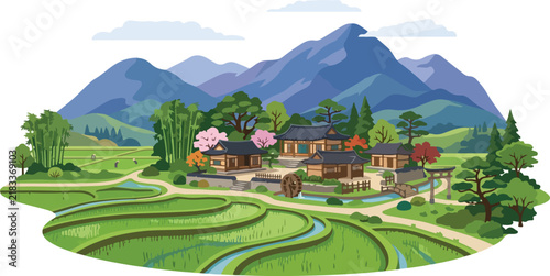 Traditional asian village surrounded by green rice terraces and blue mountains under a calm sky