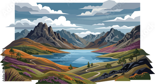 Scenic mountain lake landscape under cloudy sky with winding path and hills