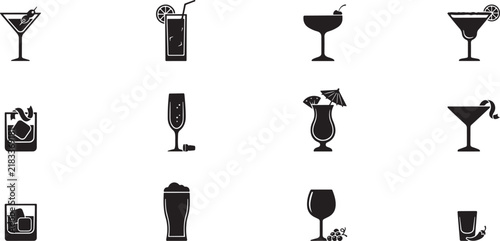 Принти на полотні Cocktail glasses and drinks icon set featuring various alcoholic beverages with garnishes, perfect for bar menus, party invitations, and restaurant
