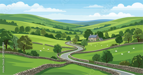 Winding road through green rolling hills and lush countryside landscape under blue sky