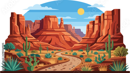 desert landscape with red rock formations winding path cactus plants and sun in clear blue sky